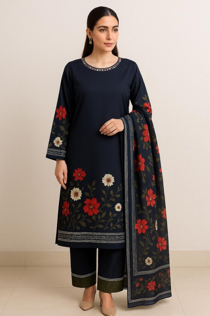 3 Pcs Women's Stitched Printed Suit - Image 1